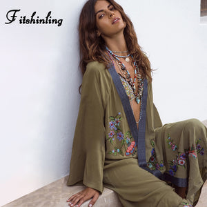 Fitshinling Flowers Embroidery Beach Kimono