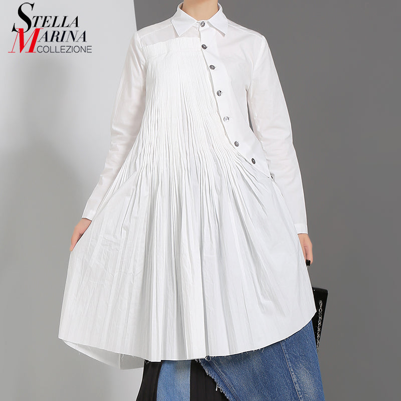 2019 Women Summer Solid White Pleated Long Blouse