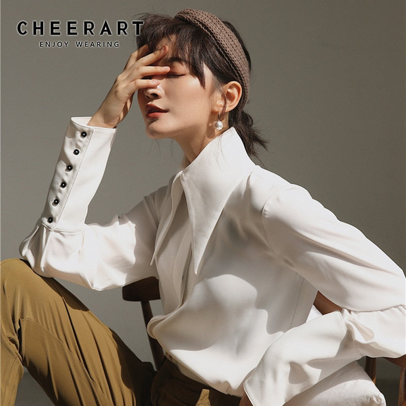 Cheerart White Vintage Blouse Long Sleeve Button