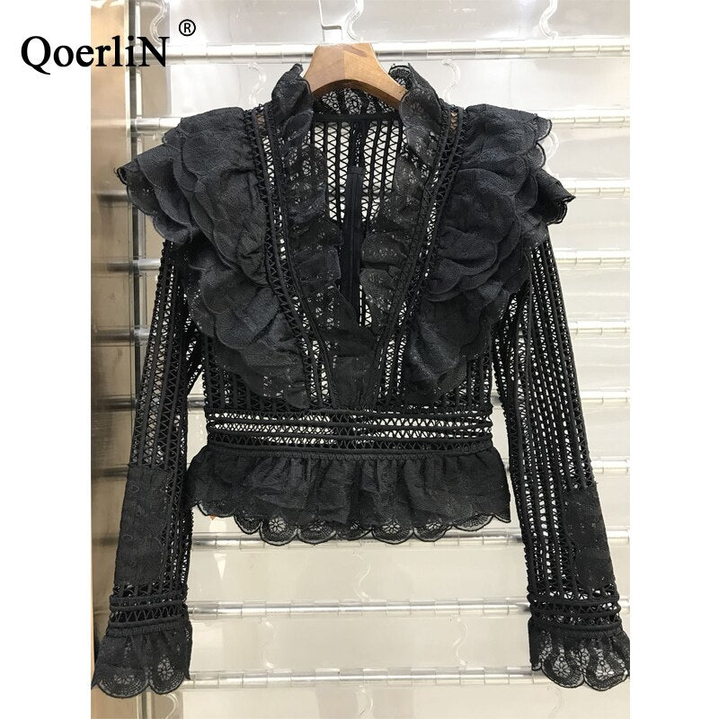 QoerliN Stylish Female Shirts Plus Size Lace Blouse