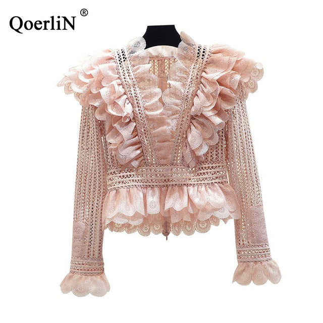 QoerliN Stylish Female Shirts Plus Size Lace Blouse