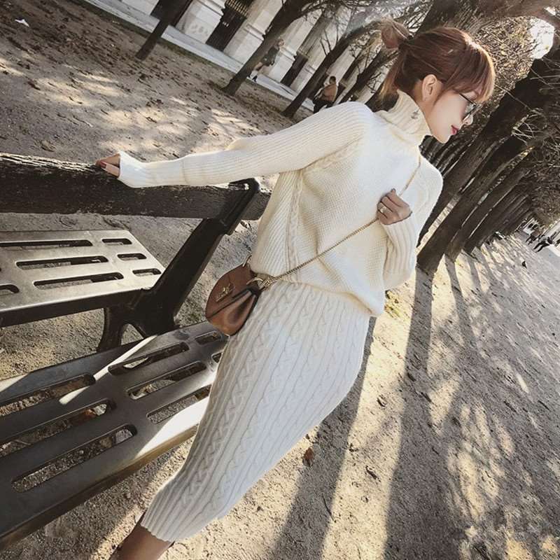 Twist Knitted 2 Piece Set Women Long Sleeve Turtleneck