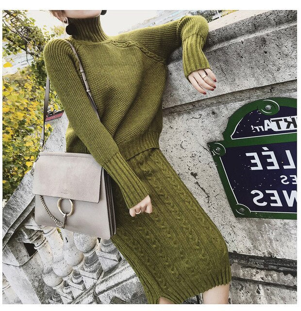 Twist Knitted 2 Piece Set Women Long Sleeve Turtleneck