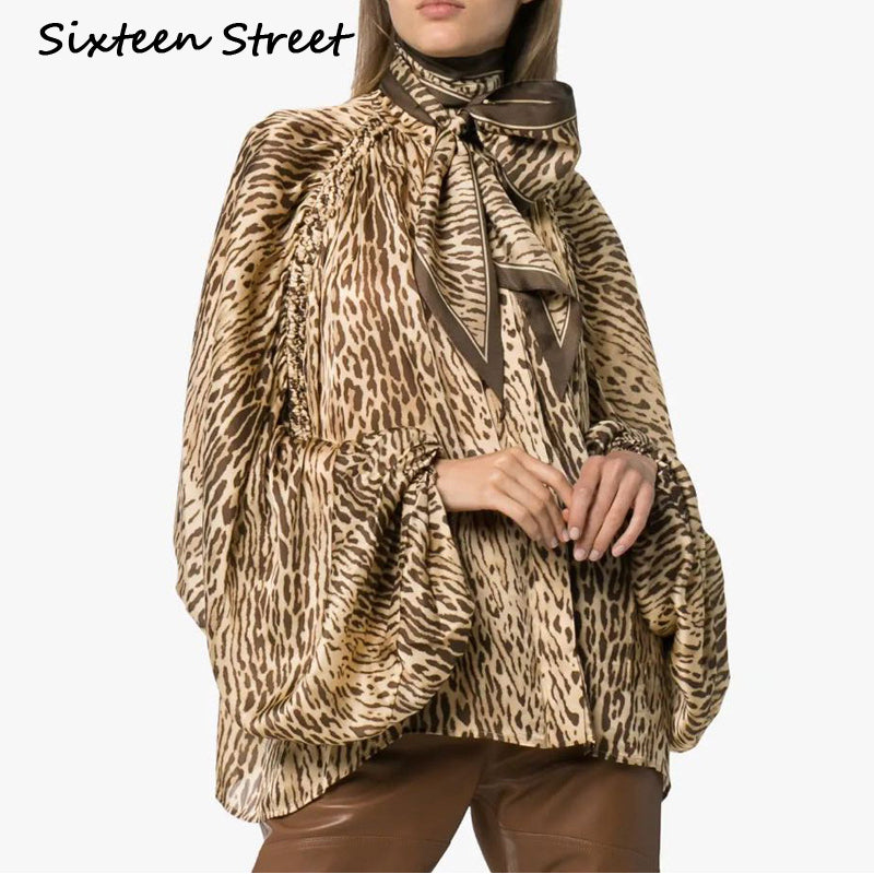 Leopard Printed Blouse for Woman Lantern Sleeve