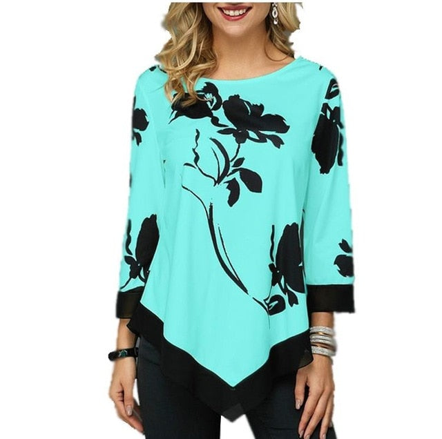 Shirt Women Spring Autumn Printing O-neck Blouse 3/4