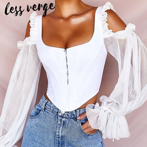 lessverge Sexy cold shoulder white blouse