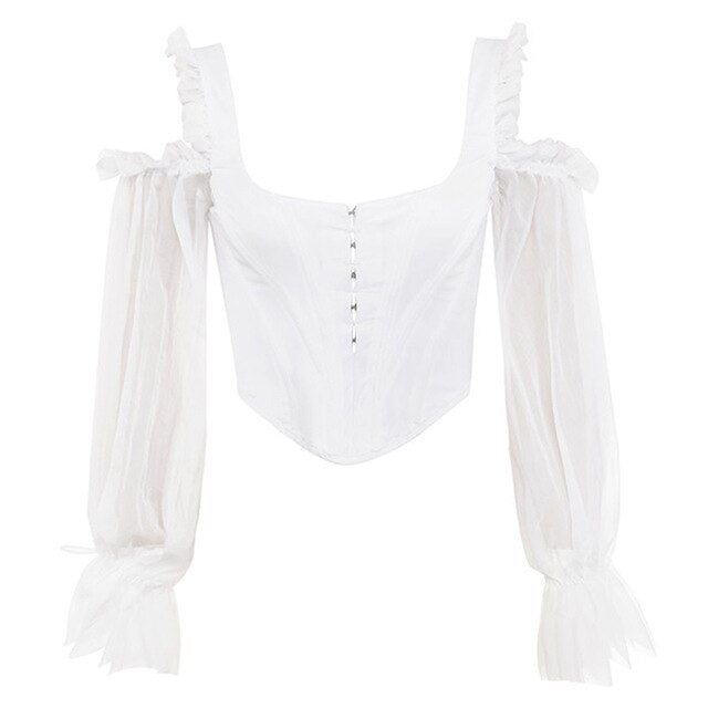 lessverge Sexy cold shoulder white blouse