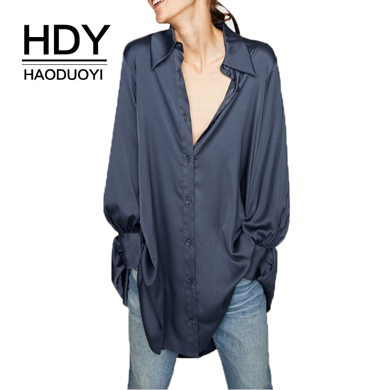 HAODUOYI HDY 2019 Spring Woman Blue Satin Shirt