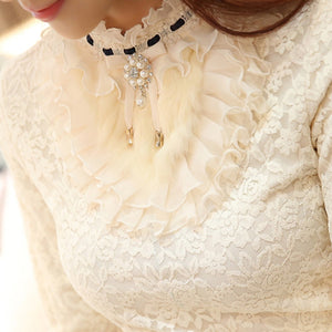 2019 new ruffle pearl women blouse lace white office lady