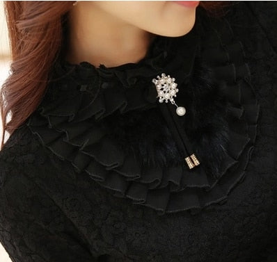 2019 new ruffle pearl women blouse lace white office lady