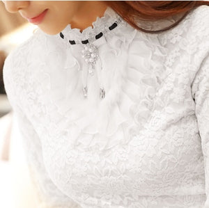 2019 new ruffle pearl women blouse lace white office lady