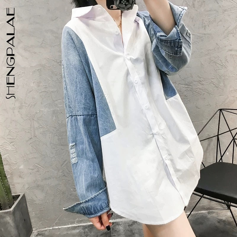 SHENGPALAE Patchwork Denim Long Sleeve Women