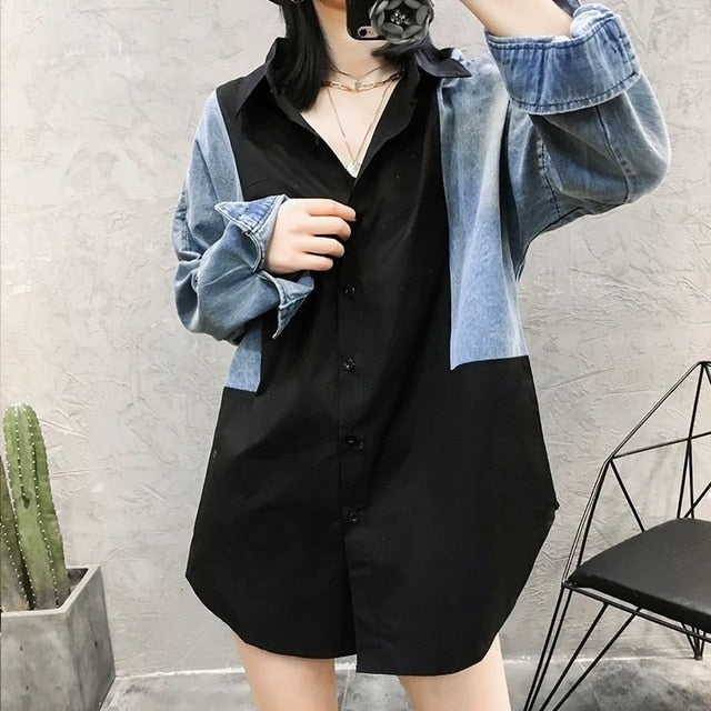 SHENGPALAE Patchwork Denim Long Sleeve Women