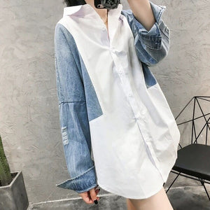 SHENGPALAE Patchwork Denim Long Sleeve Women