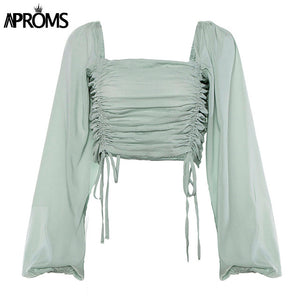 Aproms Vintage Square Neck Lantern Sleeve Blouse